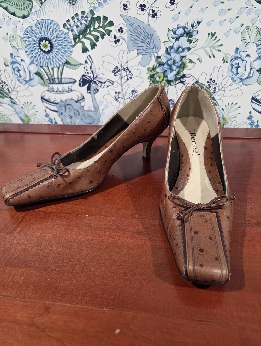 J. Renee Clover Vintage Ostrich Print Leather Pumps Brown Square Toe 10WW Wide